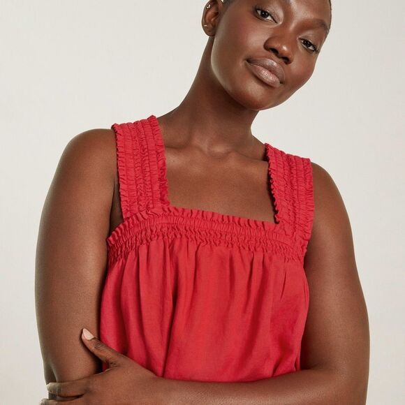 EVERLANE Smocked Linen Dress in Red Size Medium Adjustable Fit - Picture 3 of 11